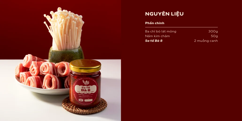 Nguyên liệu ba chỉ bò cuộn nấm kim châm nướng Sa tế